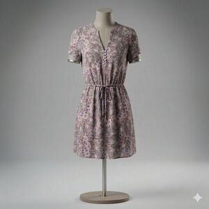 Boho Peacock Print Mini Dress V Neck Drawstring Waist Babydoll